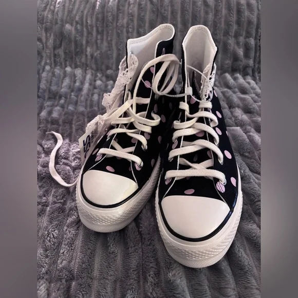 Black & Pink Polka Dot Lift Converse All-Star High Top Sneakers A10688C - Picture 2 of 13